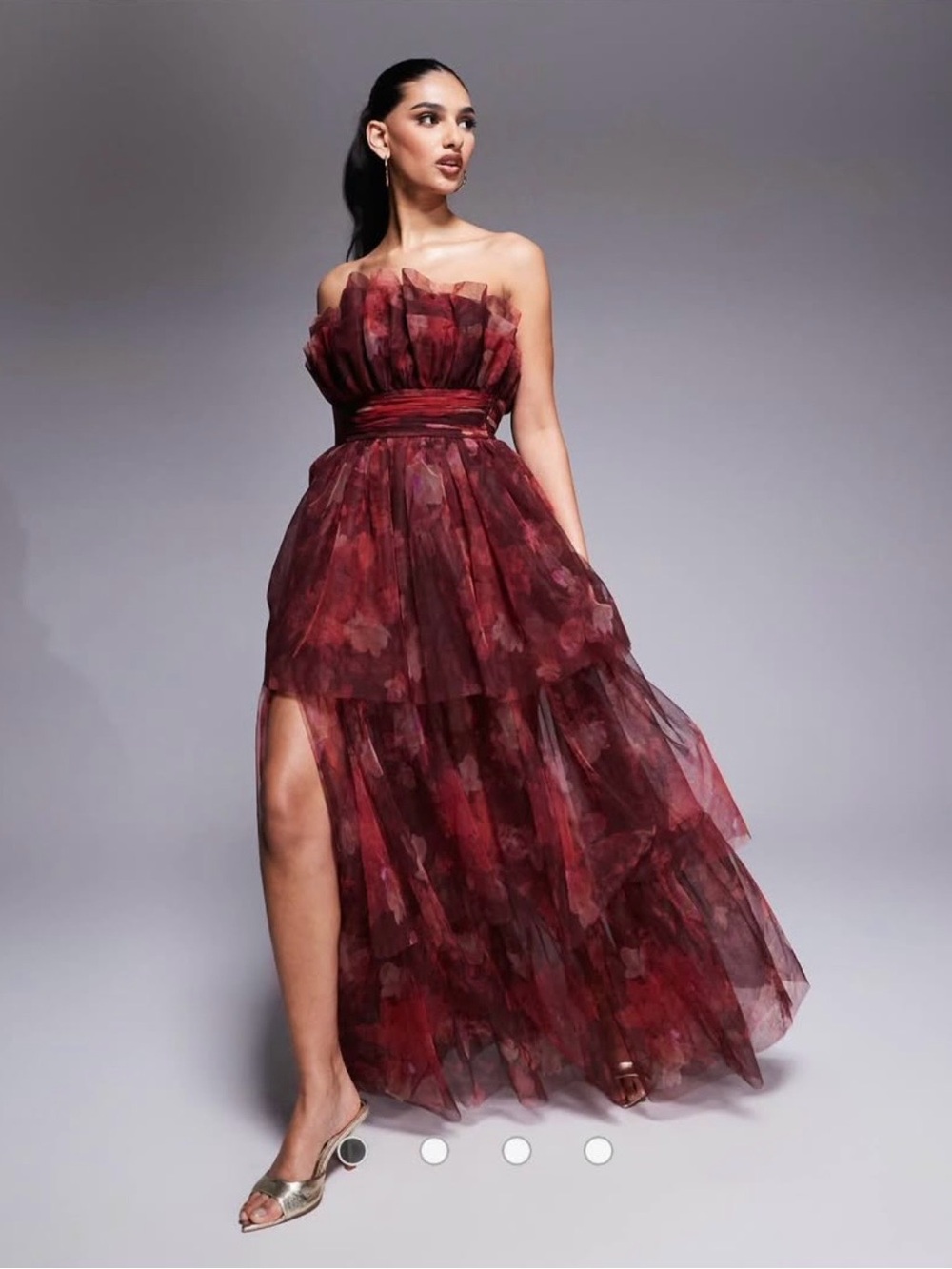 Lace & Beads - Red and Pink Floral Tulle Bandeau Maxi Dress